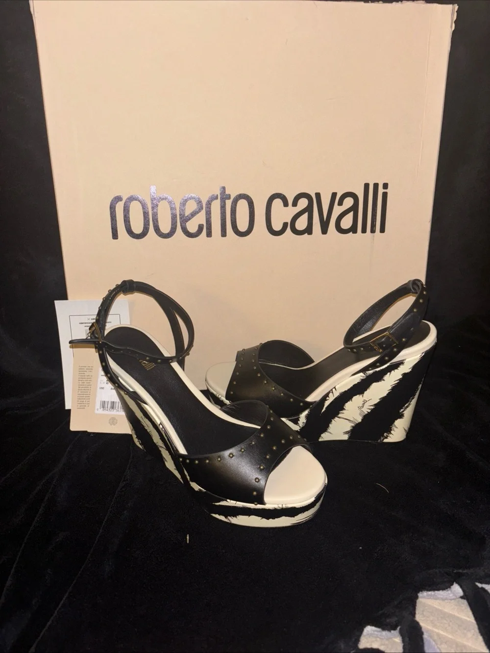 Roberto Cavalli freedom-print stud wedge NWT